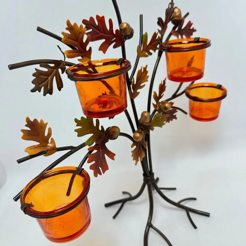 Metal Tree Votives Candle Holder With Orange Glass And Acorn Details